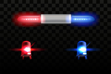 3D alarm lights. Traffic sirens. Ambulance or police lamps. Red and blue emergency beacon flash. Cop car lantern with reflection. Dark transparent background. Vector realistic objects set - obrazy, fototapety, plakaty