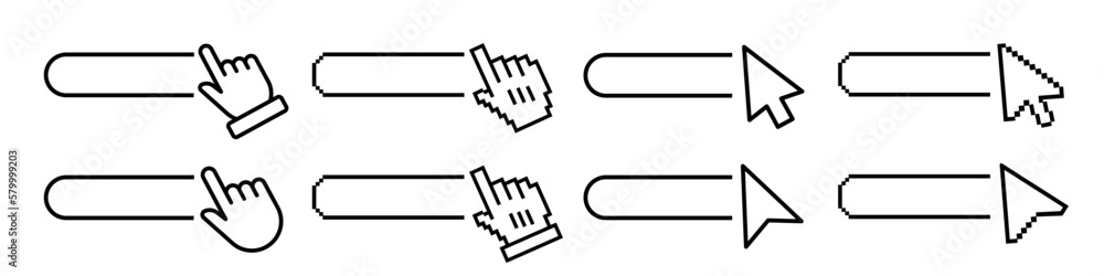 Poster click here web buttons with hand and arrow pointers. click here cursor push blank button. clicking a