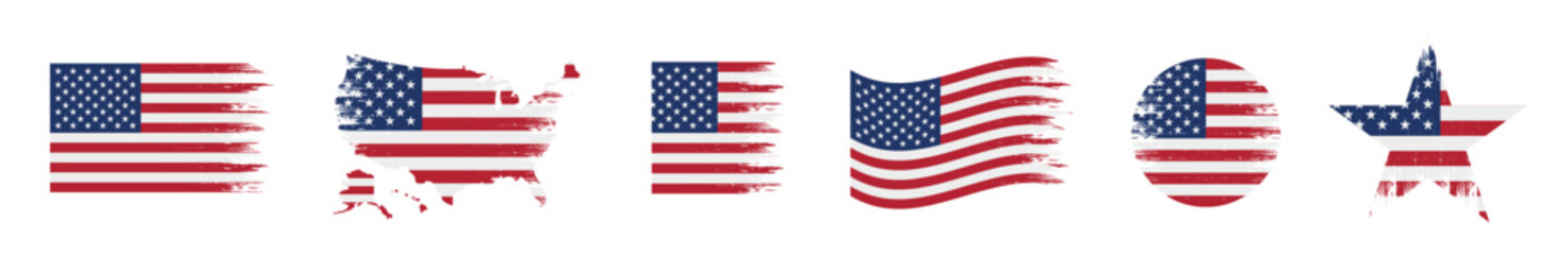 USA flag icon set. Stripes flags United States with stars. 4 July, Veteran and Memorial day vector banner. American national symbols in grunge texture. Vector illustration.
