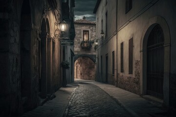 Fototapeta na wymiar Street in the old town on dark background. Generative AI