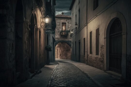Street in the old town on dark background. Generative AI