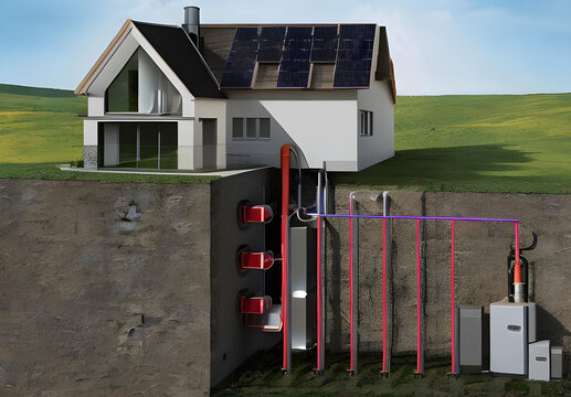 Vertical ground source heat pump system for heating home with geothermal energy and solar panels on the roof..  Generative AI.