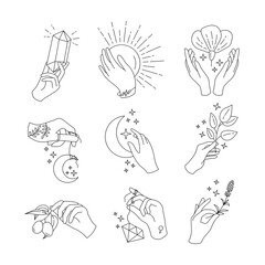 Magic hans hold moon, crystal and flowers boho logo template. Feminine tattoo with simple botanical elements, bohemian star and sun, clean esoteric fashion monogram. Vector elegant design - obrazy, fototapety, plakaty