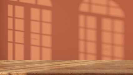 Wooden table with orange stucco wall background with window light beam and shadow. Product presentation mock up. Empty interior design concept