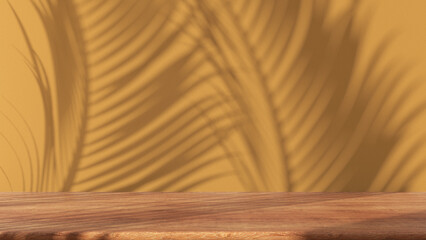 Wooden table with yellow stucco wall background with window light and palm leaves shadow. Product presentation mock up. Empty interior design concept