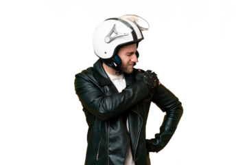 Young handsome blonde man with a motorcycle helmet over isolated chroma key background suffering from pain in shoulder for having made an effort