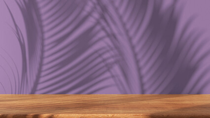Wooden table with purple stucco wall background with window light and palm leaves shadow. Product presentation mock up. Empty interior design concept