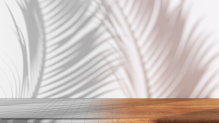 Architect interior designer concept: hand-drawn draft unfinished project that becomes real, wooden table with white stucco wall background with window light and palm leaves shadow