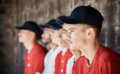 Obraz premium Baseball, uniform or dugout with a sports man watching his team play a game outdoor during summer for recreation. Sport, teamwork and waiting with a male athlete on the bench to support his teammates