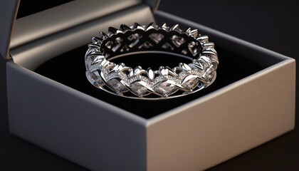 Luxury diamond full eternity ring in open gift box created with generative AI technology