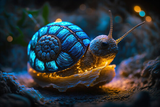 Mystical glowing cute snail closeup on the land. Isolated on blurred background. Stunning birds and animals in nature travel or wildlife photography made with Generative AI