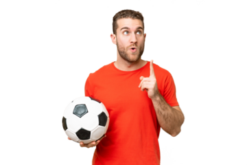 Handsome young football player man over isolated chroma key background thinking an idea pointing the finger up