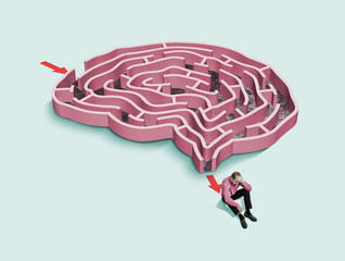 Anatomy of the human brain, mental problems and their solution. Art collage.