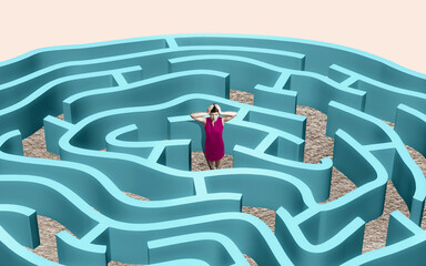 The woman got lost in the maze. Art collage.