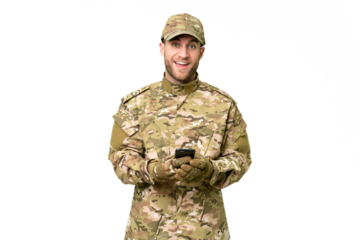 Military man over isolated chroma key background surprised and sending a message