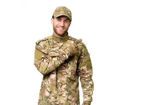 Military man over isolated chroma key background pointing to the side to present a product - Powered by Adobe