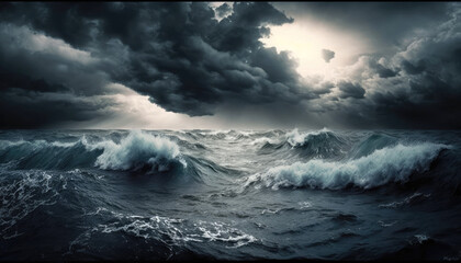 Ocean waves, stormy weather - Generative AI - obrazy, fototapety, plakaty