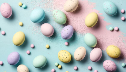Easter background. Pastel eggs blue background. Generative AI