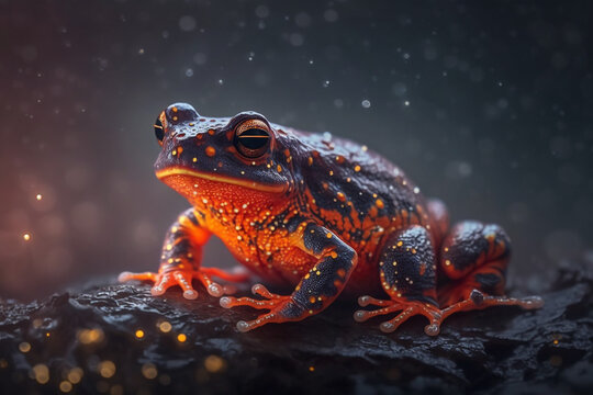 Mystical glowing frog closeup on the rock. Dew is falling. Isolated on blurred background. Stunning birds and animals in nature travel or wildlife photography made with Generative AI