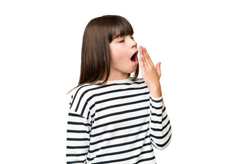 Little caucasian girl over isolated background yawning and covering wide open mouth with hand - obrazy, fototapety, plakaty