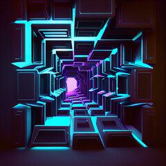 Flying in a tunnel with glowing cubes. 3D rendering illustration. Ai generated