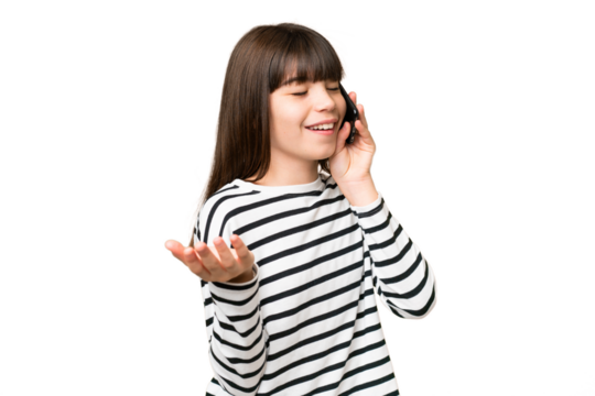 Little caucasian girl over isolated background keeping a conversation with the mobile phone with someone - Powered by Adobe