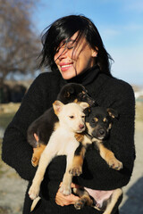 Naklejka na ściany i meble a beautiful girl, in a black sweater, holds street puppies in her arms, the girl takes care of the dogs, feeds them, spends time with them