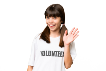 Little volunteer girl over isolated background saluting with hand with happy expression