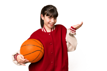 Little caucasian girl playing basketball over isolated background extending hands to the side for inviting to come
