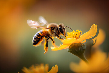 Flying honey bee collecting pollen at yellow flower. Bee flying over the yellow flower in blur background. Generative Ai. - obrazy, fototapety, plakaty