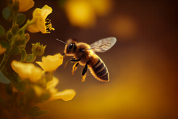 Flying honey bee collecting pollen at yellow flower. Bee flying over the yellow flower in blur background. Generative Ai.