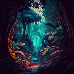 Enchanting Jungle, An AI-Generated Image of a Vibrant and Mysterious Forest with Dark Hues
