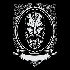 man head viking with beard logo black and white hand drawn illustration