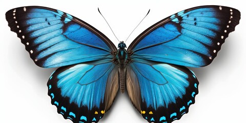 A blue butterfly with folded wings, showcased on a white background, appears lovely and radiant, Generative AI