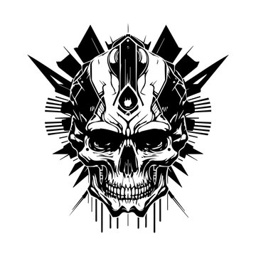 skull head logo black and white ink hand drawn illustration