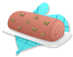 3d rendered illustration of a velvet roll cake decorated with gold motifs, and an oven glove underneath, vector , chef, homemade, warm, receipt