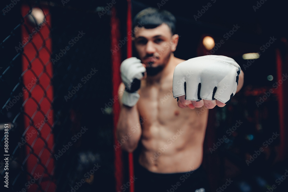 Wall mural Portrait man MMA fighter on octagon ring. Fighting Championship, dark background