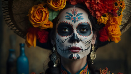 Portrait of a woman wearing beautiful Day of the Dead costumes and skull makeup