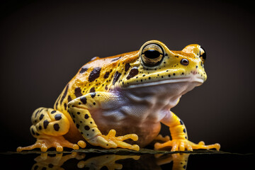 Yellow frog with black poison darts isolated on dark blurred background. Stunning birds and animals in nature travel or wildlife photography made with Generative AI