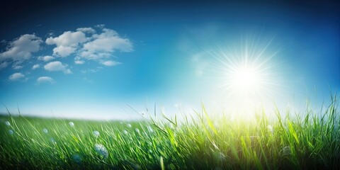 Plakat Stunning view of green field against blue sky and sun with blurry spring/summer background, Generative AI