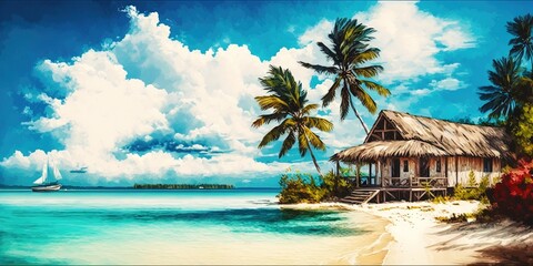 A tropical paradise featuring white sand, palm trees, and a picturesque seascape, Generative AI