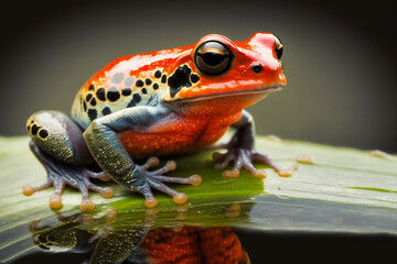 Orange frog on a leaf isolated on blurred background. Stunning birds and animals in nature travel or wildlife photography made with Generative AI