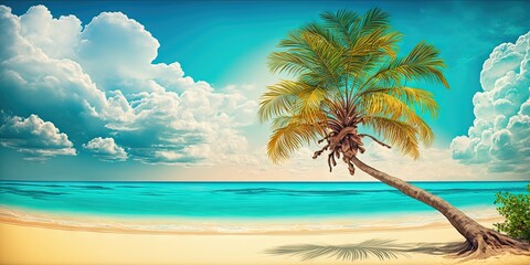 Fototapeta na wymiar AI created description of a stunning tropical beach with crystal clear water, palm trees, and blue sky, Generative AI