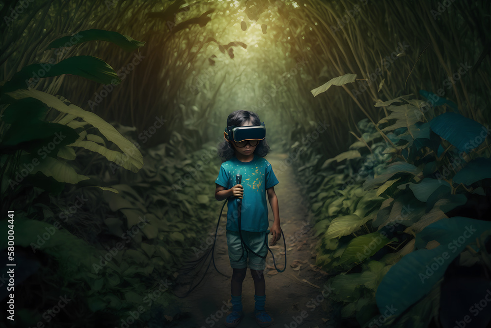 Poster child in virtual augmented reality helmet. future technology concept. neural network ai generated ar