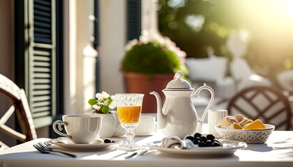 Fototapeta premium Continental breakfast table in a beautiful terrace. Coffee, orange juice, croissants and fruits. Generative AI.