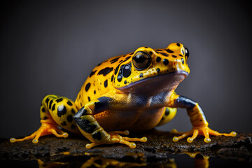 Yellow frog with black poison darts isolated on dark blurred background. Stunning birds and animals in nature travel or wildlife photography made with Generative AI