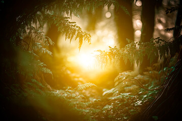 Beautiful green forest with rays of sunlight. Generative AI.