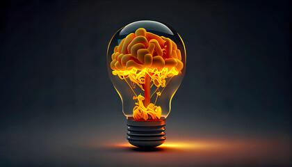 Golden brain glowing inside light bulb over dark background. Creativity and ideas concept. Copy space. Generative AI.