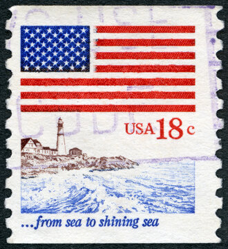 USA - 1981: shows an American Flag, Lighthouse, from sea to shining sea, 1981