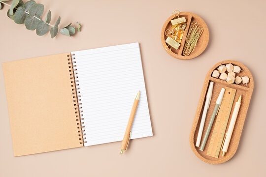 Mockup of  open journal and office stationery with copy space for text. Flat lay, top view photo mock up.